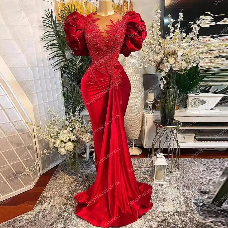 Gaun Malam Putri Duyung Elegan Beludru Merah Applique Lengan Puff Gaun Kontes Pesta Prom Formal Panjang Wanita Ukuran Besar Kustom