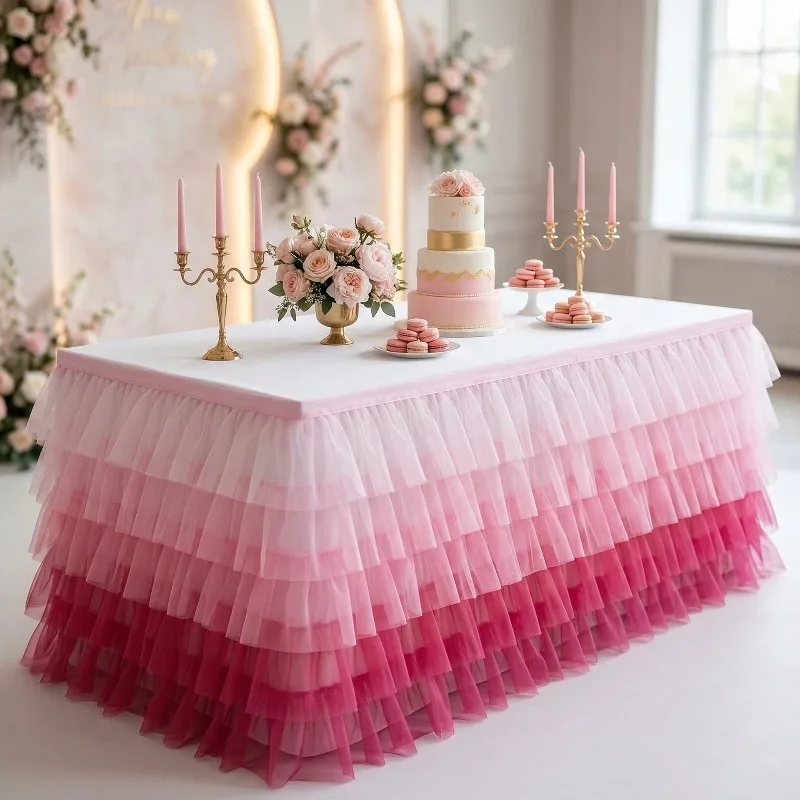 6/9/14FT Chiffon Ruffled Tulle Table Skirt Gradient Rainbow Color Lace Table Skirting for Wedding Birthday Beach Party Decor