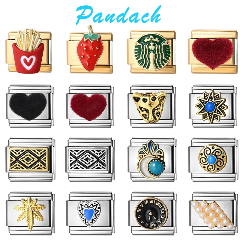 Pandach Trendy French Fruit Heart Leopard Clock Texture 9mm Italian Stainless Steel Elastic Splicing Module DIY Jewelry Making