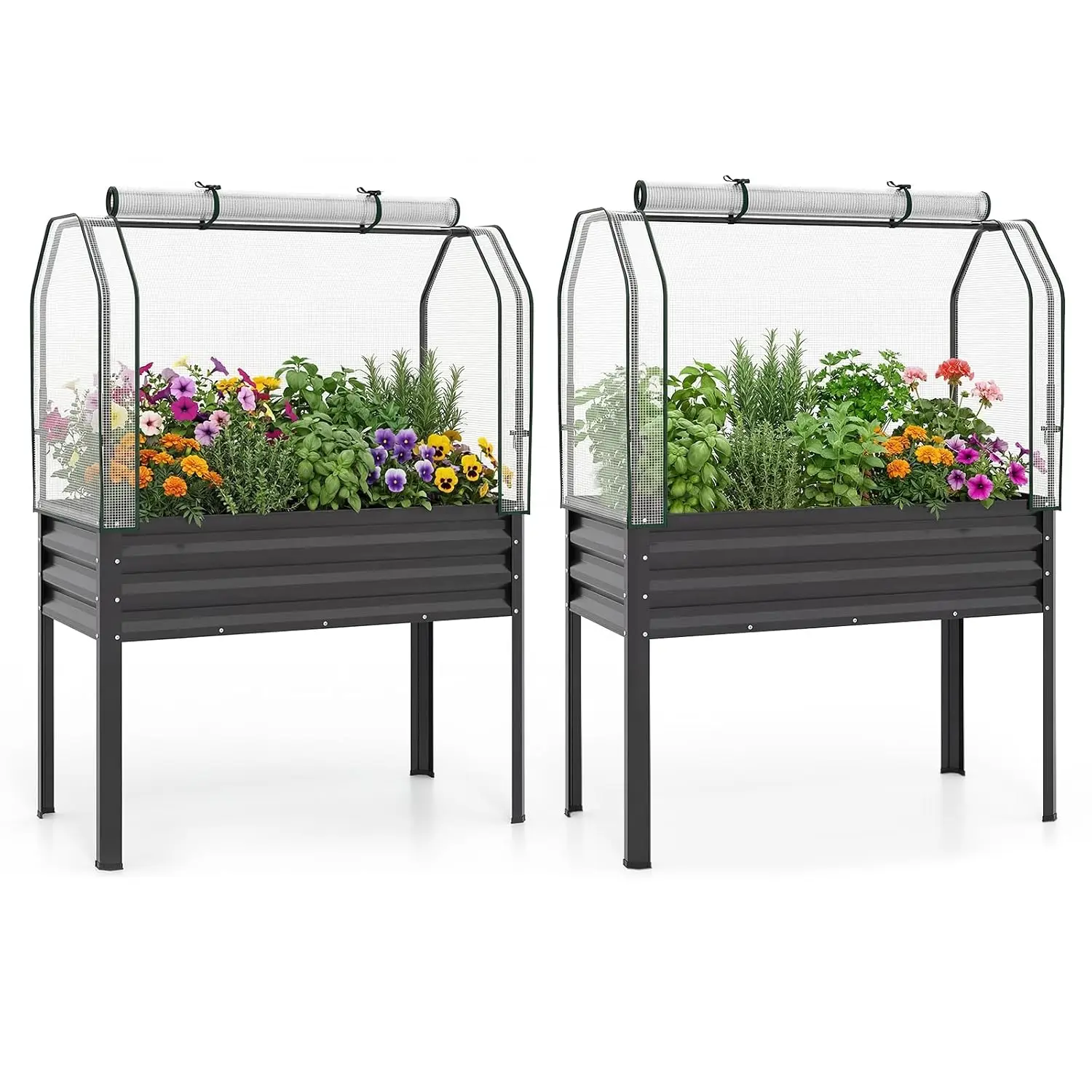 Raised Garden Bed with Legs & Greenhouse Cover, 44x22x60 Elevated Metal Planter Box with Roll-up Door, Outdoor Mini Greenhouse