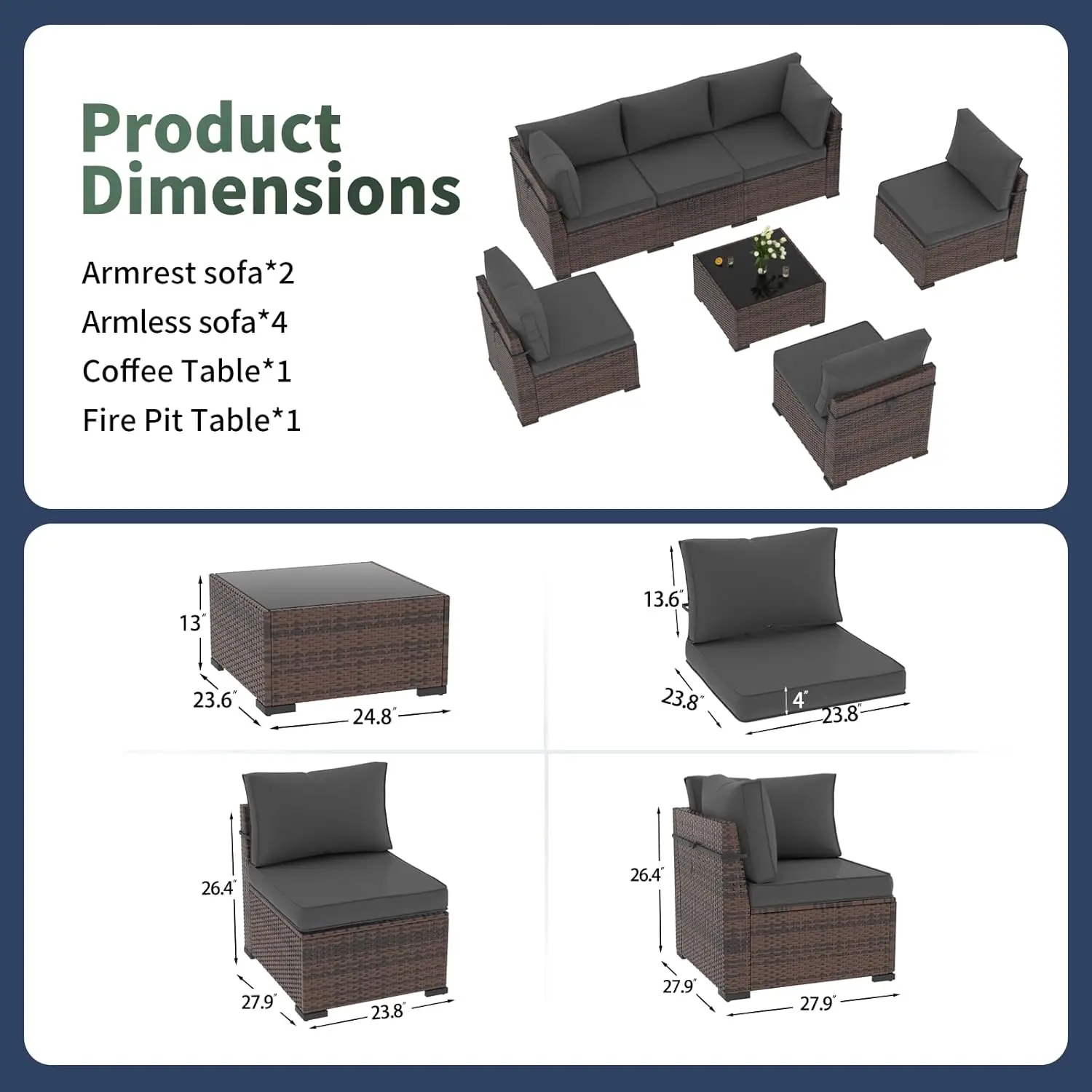 Amopatio Set furnitur teras, 7 buah Set Sofa dengan bagian belakang miring, Sofa teras dengan Tab kopi kaca