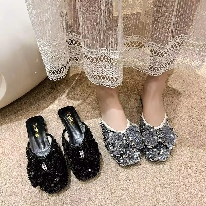 Sequins Slippers 2024 New Summer Women Sweet Butterfly-knot Flat  Female Bling Leisure Holiday Sandals Flip-flops 35-40