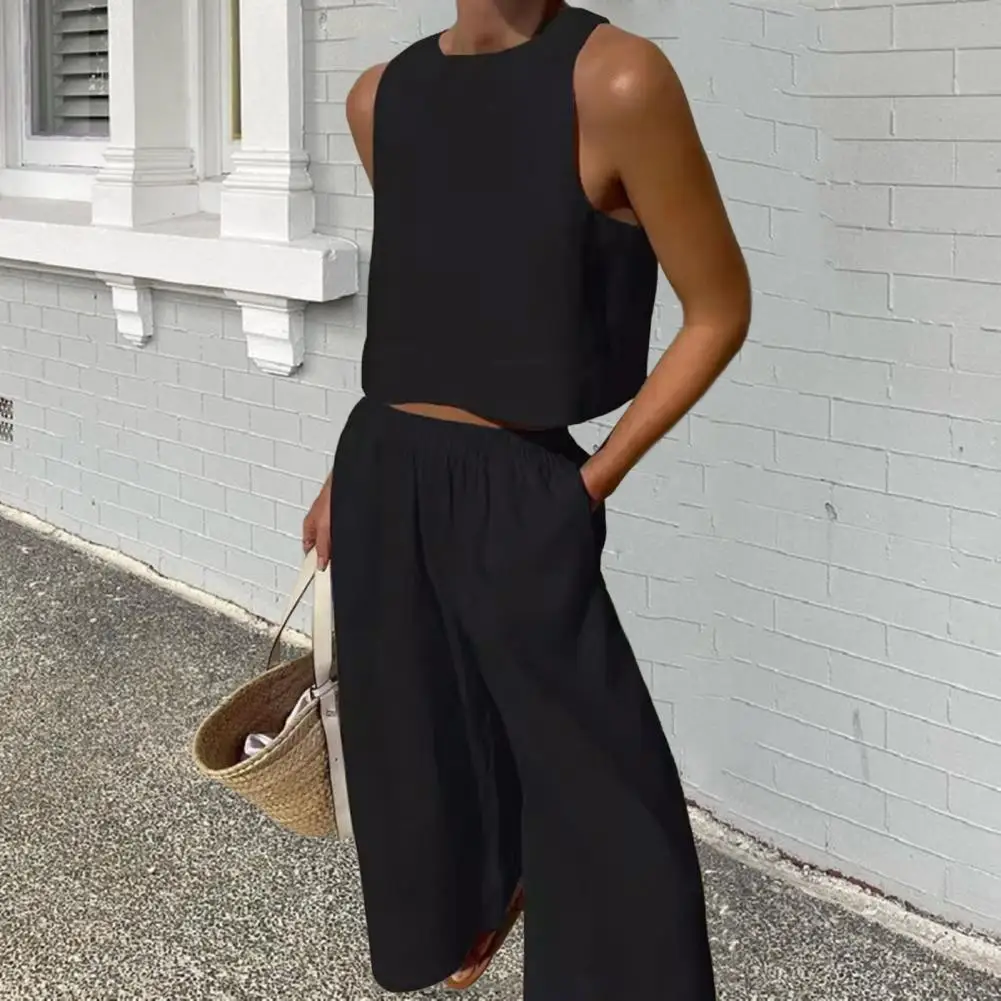 

Для женщин, повседневный костюм, обычные длинные топы без рукавов, элегантные и модные широкие брюки, женский комплект из двух предметов, повседневная одежда 2025 г.