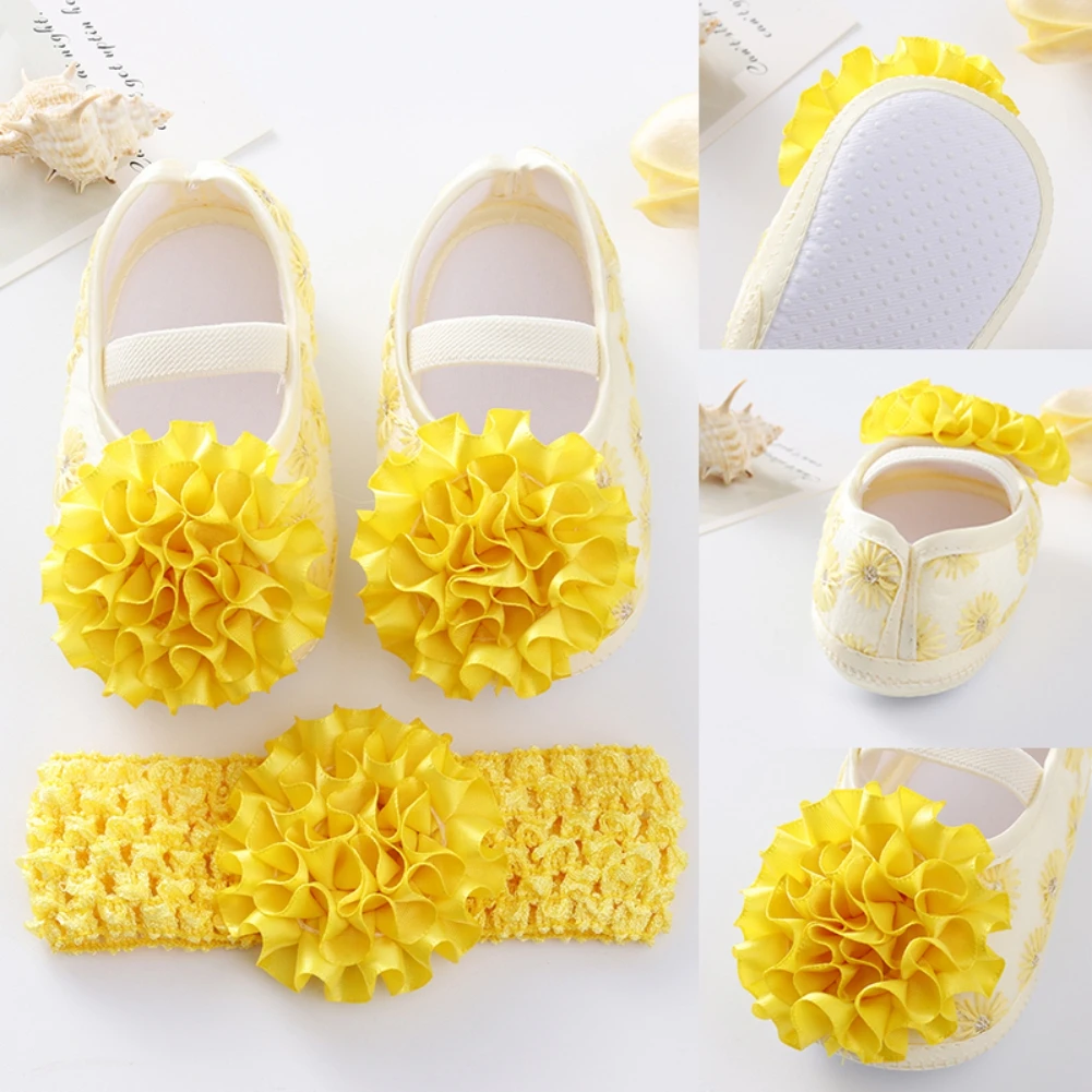 Baby Shoes + Headband Set Baby Girl Lace Flower Baptism Shoe Set Toddler Prewalker Cute Baby Soft Shoes for 0-12M