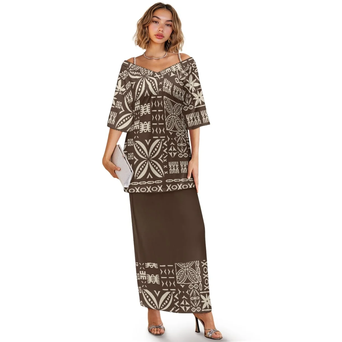 Conjunto de vestido de fiesta Tapa con tatuaje Tribal polinesio Puletasi samoano, media manga, cuello en V y hombros descubiertos, conjunto de vestidos de la Isla del Pacífico
