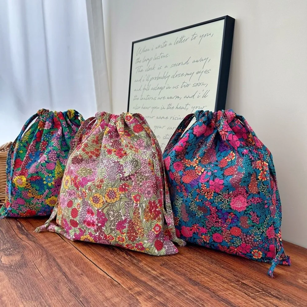 Vintage Floral Print Drawstring Storage Bag Portable Bohemian Floral Drawstring Bag Handbag Hanging ‌Boho Floral Pouch‌ Gift Bag