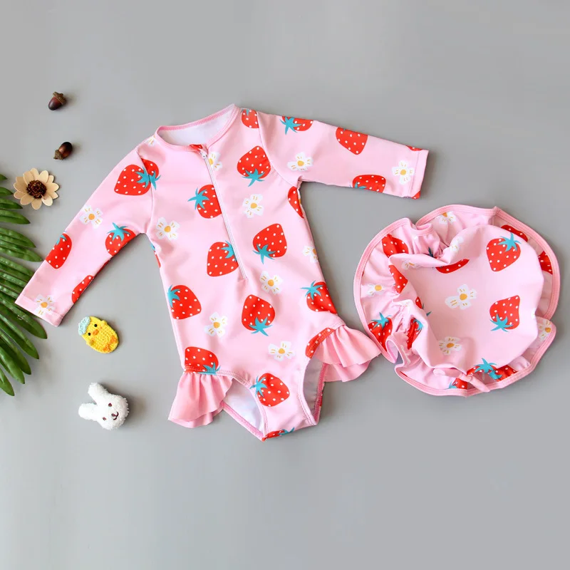 Summer Girls One-piece Swimsuit Baby Girl Cute Floral Print Long Sleeve Zipper Quick-Dry Beachwear Swimwear Toddler Bathing Suit