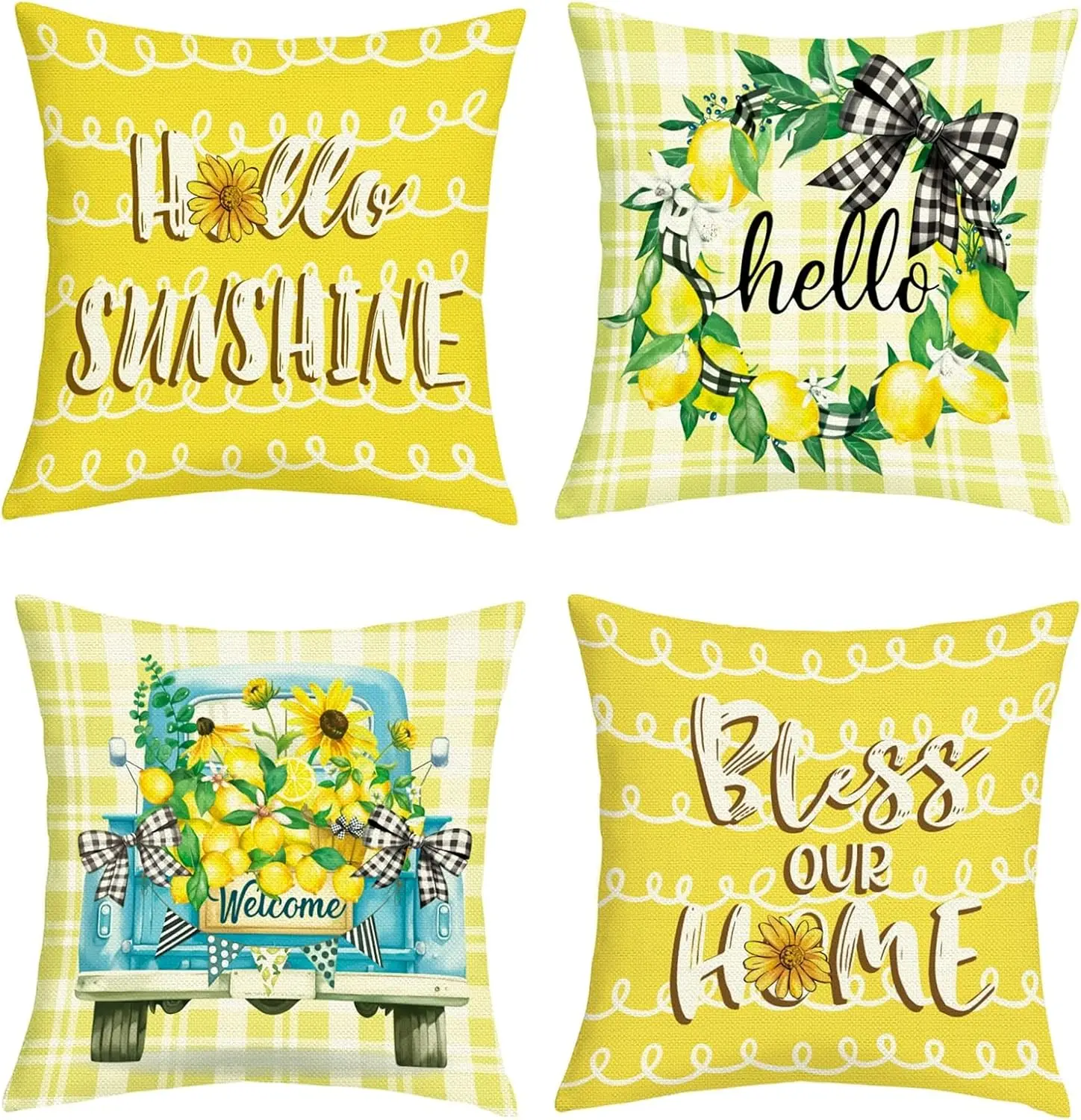 Yellow Sunflower Lemon Floral 4 Piece Throw Pillow Covers Set Farmhouse Cottage Decor Cushions for Living Room Spring Summer Dec