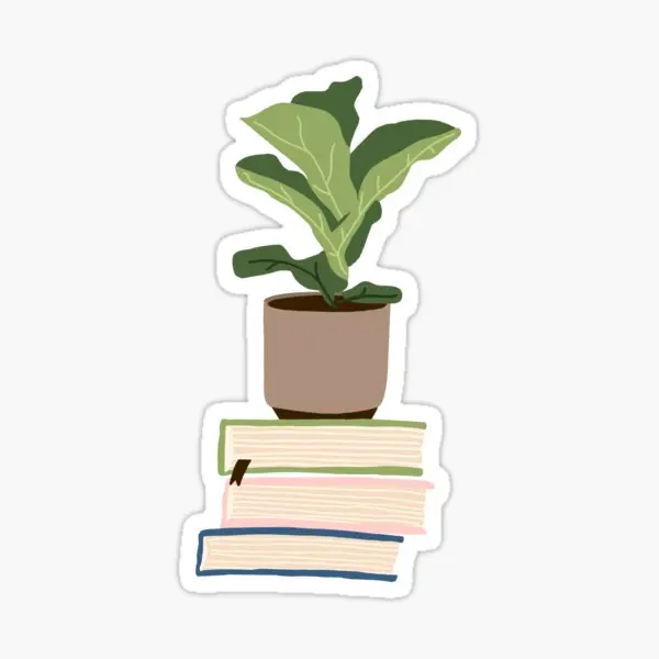 Houseplant On Stacked Books  5PCS Stickers for Living Room Art Home Cartoon Water Bottles Decorations Luggage Print Window