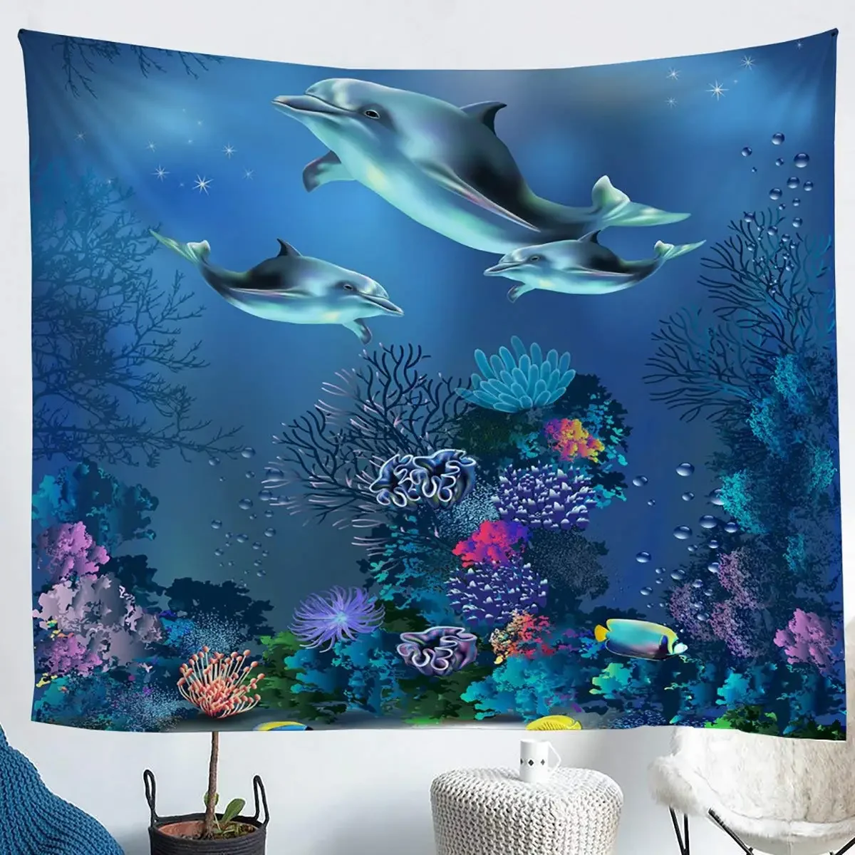 Underwater Oasis Tapestry Dolphin Under The Sea Coral Fish Anemone Deep Ocean Fantasy Bubble Wall Hangings Decor Room Tapestries