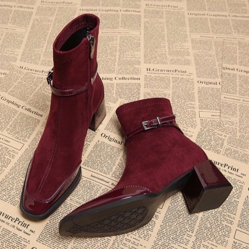 الخريف الشتاء ساحة تو النساء حذاء من الجلد حزام مشبك كعب سميك أحذية الشارع نمط مأدبة فستان الحفلات قصيرة بوتاس Mujer