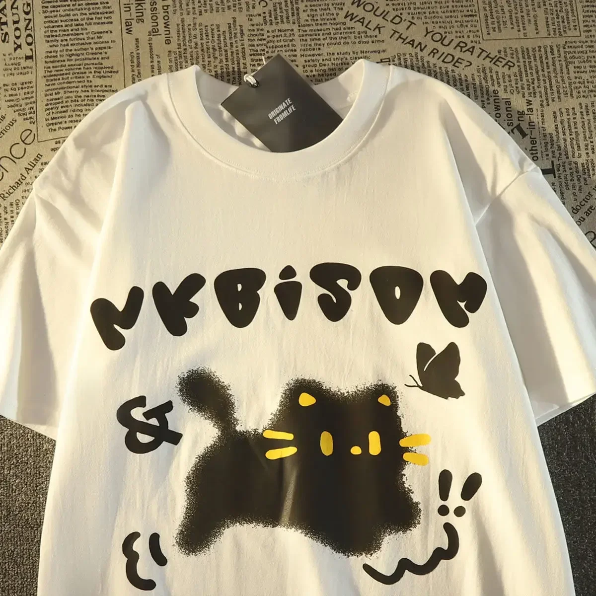 

American retro kitten printed graphic T-shirt for men and women summer loose fitting couple hip-hop casual short sleeved top