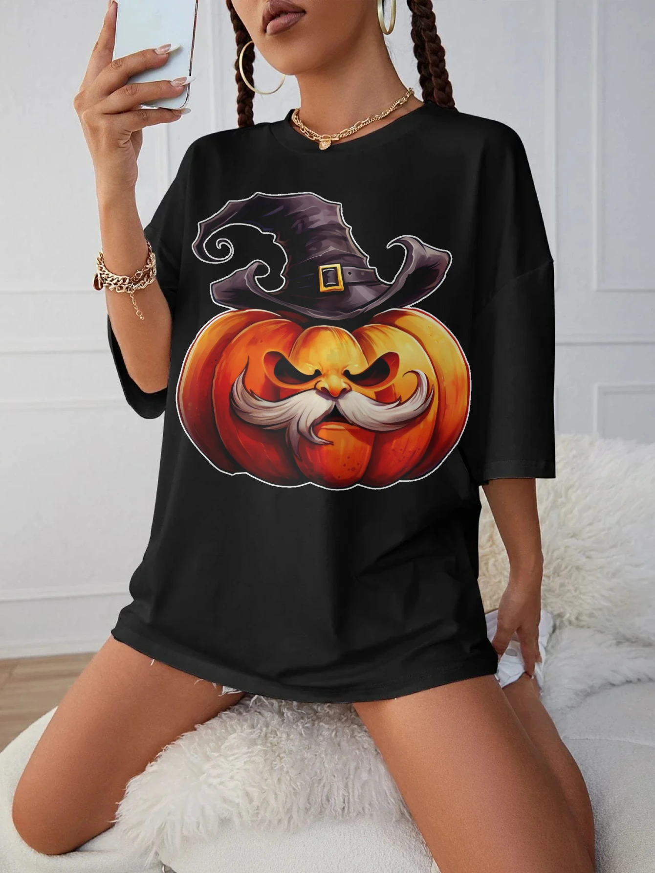 

Scary Halloween Pumpkin Black Round Neck T-Shirt for Late Pregnancy Loose Fit Comfortable Trendy Maternity Wear for Women
