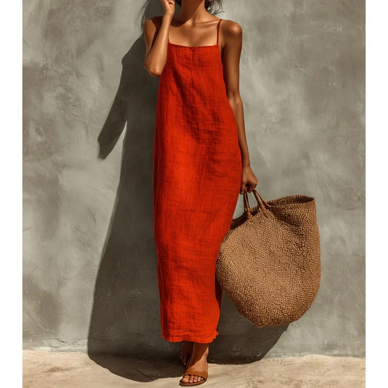 Image of Damenkleid in Unifarbe mit Verstellbaren Trägern und Quadratischem Ausschnitt im Bohemian-Urlaubsstil