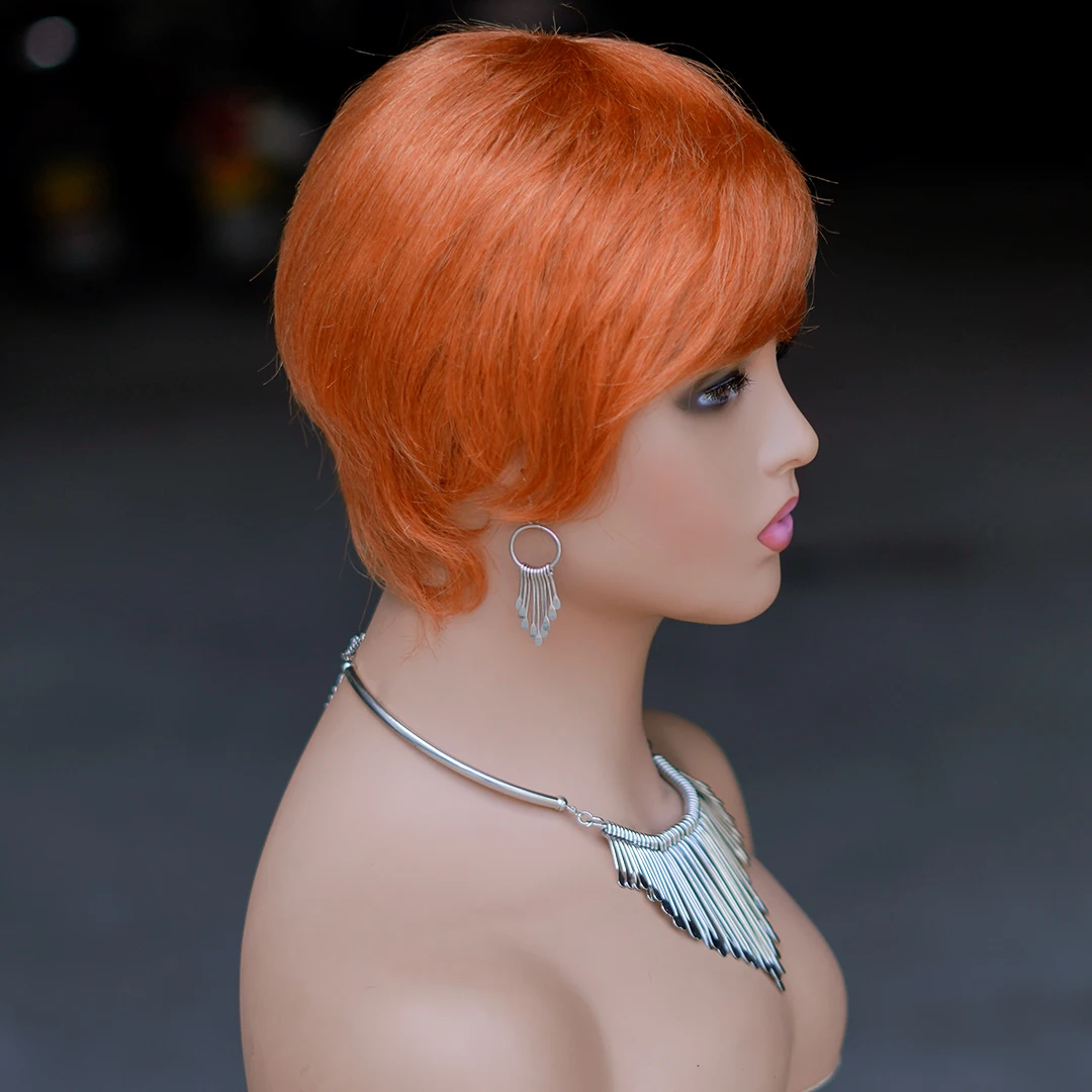 Wig potongan Pixie pendek oranye jahe rambut manusia untuk wanita hitam rambut manusia Remy Brasil wig Bob berlapis Pixie potongan dengan poni