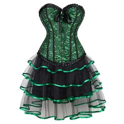 Green Corset Top With Tutu Skirt Plus Size Burlesque Costumes Vintage Lace Overbust Corset Bustier Lingerie Women Victorian