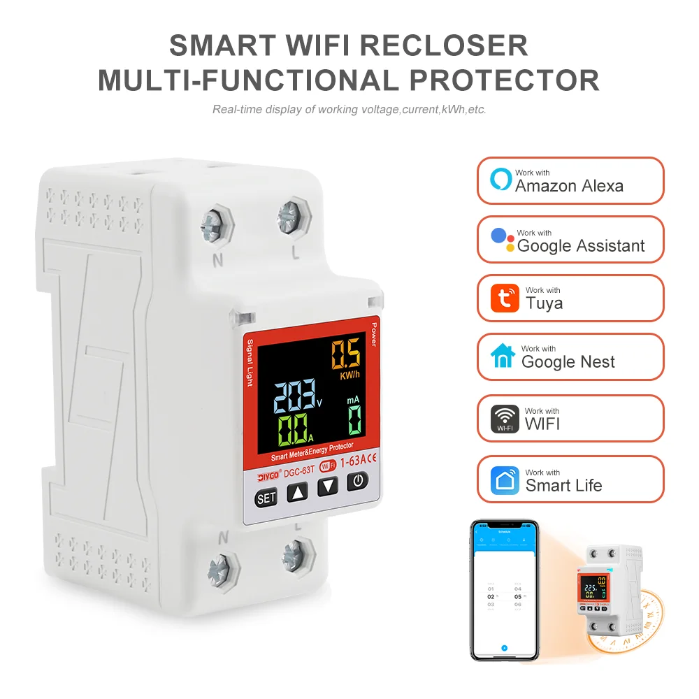 Tuya WiFi Din Rail Recloser Real-time Voltage Current Monitor Voltage Current Leakage Protection Remote Control Smart Life 1-63A