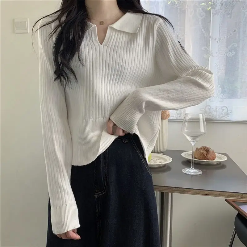 Women\'s Autumn Winter Fashion Elegant Solid Color Polo Collar Casual and Versatile Long Sleeved Loose Short Sweater Knitted Tops