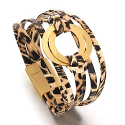 ALLYES Trendy Handmade Braided Leopard Pattern Leather Bracelet for Women Boho Multilayer Wrap Wide Bracelets Party Jewelry Gift
