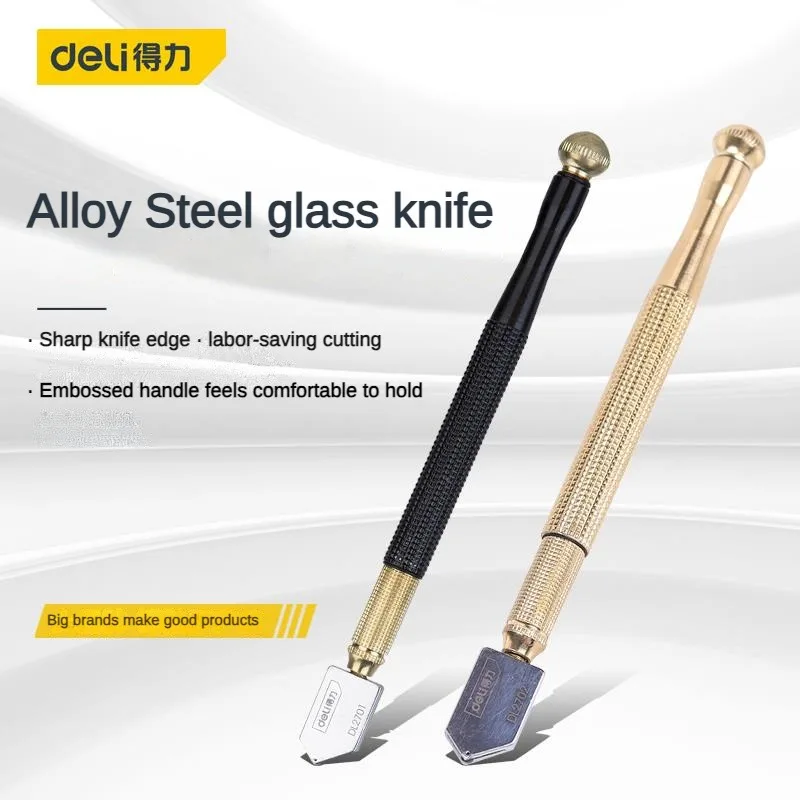 deli Glass Cutter Diamond Tip Steel Blade Cutting Tool Oil Feed Glass Cutter Antislip Metal Handle 180mm For Glass Cutting