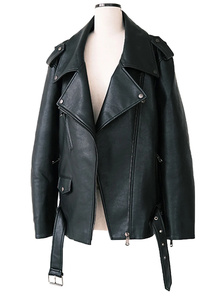 Lautaro Spring Autumn Black Oversized Soft Pu Leather Biker Jacket Women Long Sleeve Belt Loose Cool Fashion Streetwear 2022