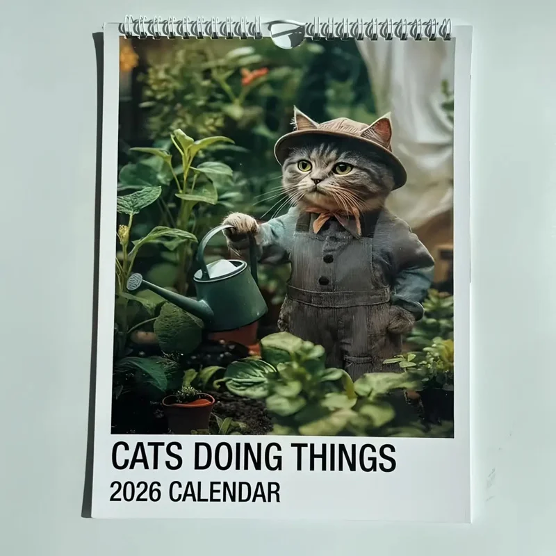 2026Новогодний календарь, настенный календарь с рабочим котом, катающийся кот, питьевой кофе с котом, настенное украшение, подвесной календарь