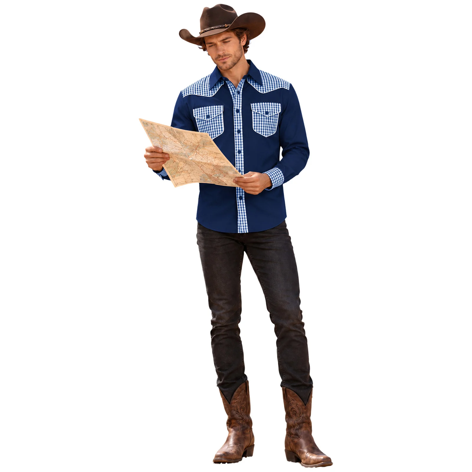 Men Western Cowboy Plaid Patchwork Tee Shirts Turn-down Collar Long Sleeve Button Top with Flap Pockets for Themed Party Casual