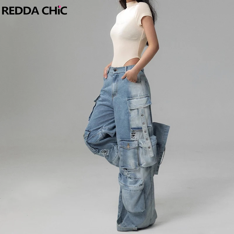 

REDDACHiC Eyelets Belt Flap Pockets Women Baggy Jeans High Waist Destroyed Do Old Adjustable Wide Leg Cargo Pants Retro Workwear