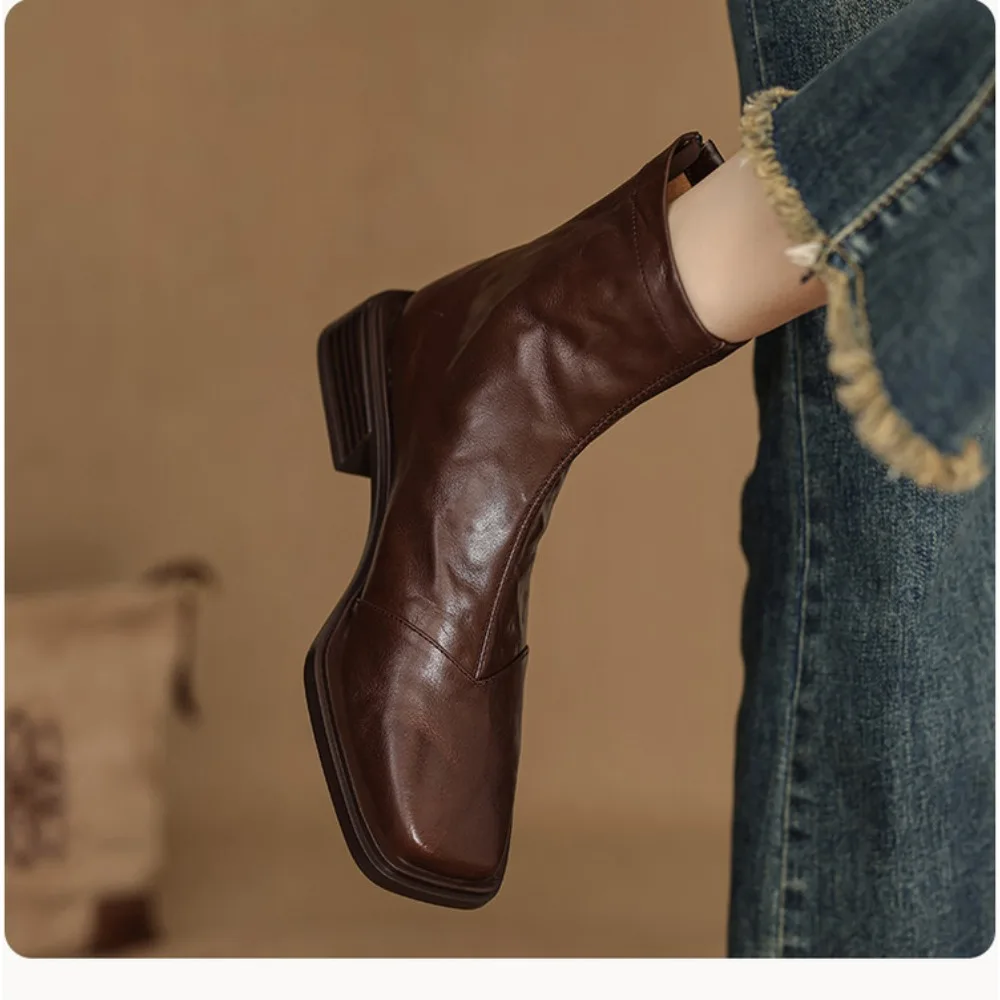 Women's Chelsea Boots 2026 New Square Toe Chunky Heel Back Zipper 100% Sheepskin for Office Home & Daily Wear