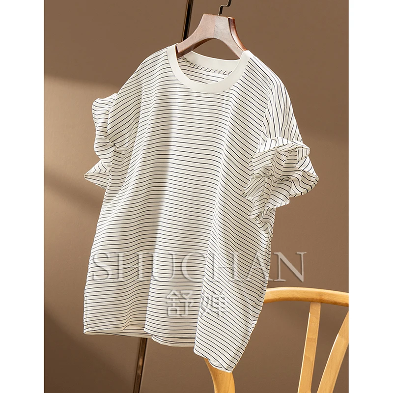 قميص نسائي جديد رائع للتنقل فاخر بتصميم مخطط من الحرير بأكمام برعم 04E2 Blusas Mujer De Moda Verano