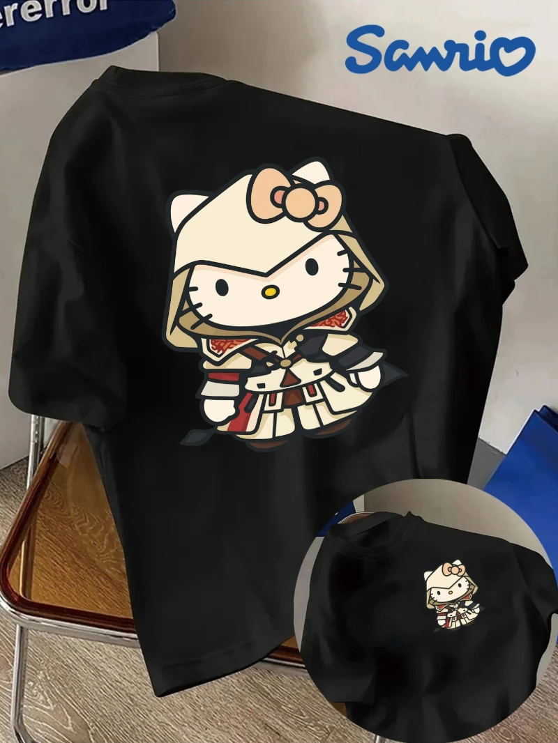 

Sanrio Hello Kitty Рубашка с короткими рукавами и принтом Женская милая повседневная футболка, повседневный топ с короткими рукавами и круглым вырезом, лето и весна