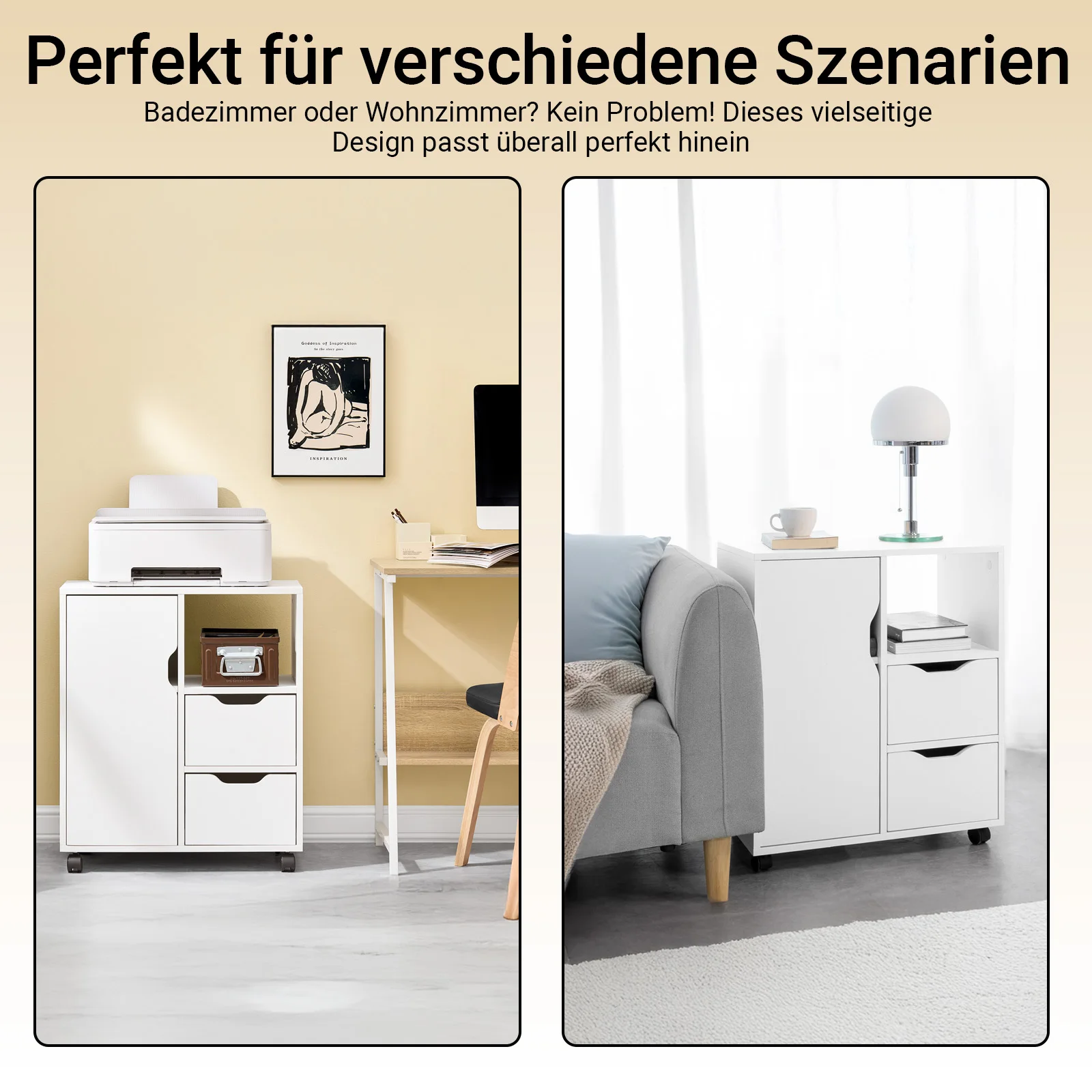 SoBuy FBT105-W Druckertisch mit 2 Schubladen und 1 Tür Aktenschrank Rollcontainer Bürowagen Beistellwagen Bürocontainer weiß – Detail 7