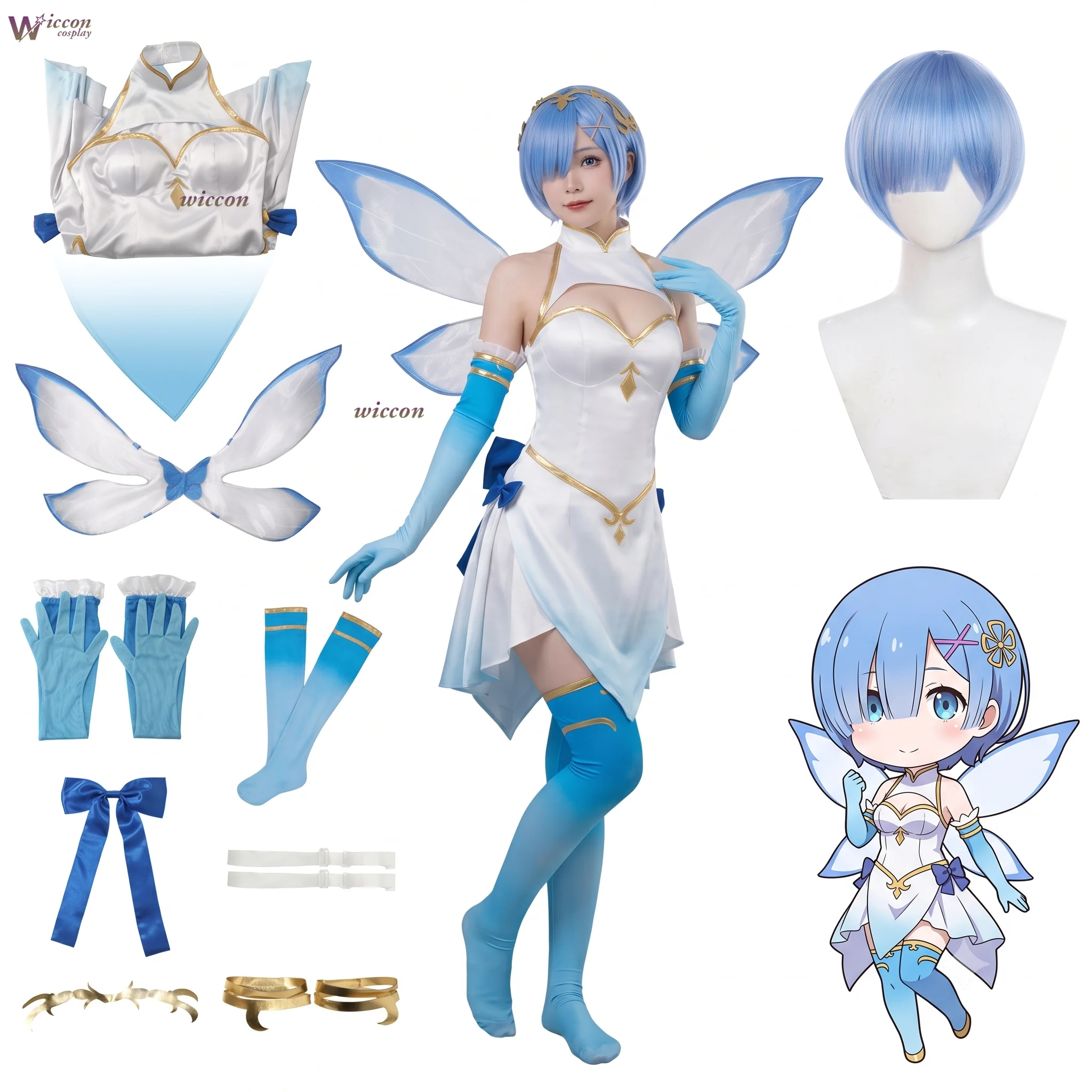 Re:Zero kara Hajimeru Isekai Seikatsu: Косплей Рем в образе Цветочной Феи, сине-белое платье ангела с перьевыми крыльями, костюм на Хэллоуин.