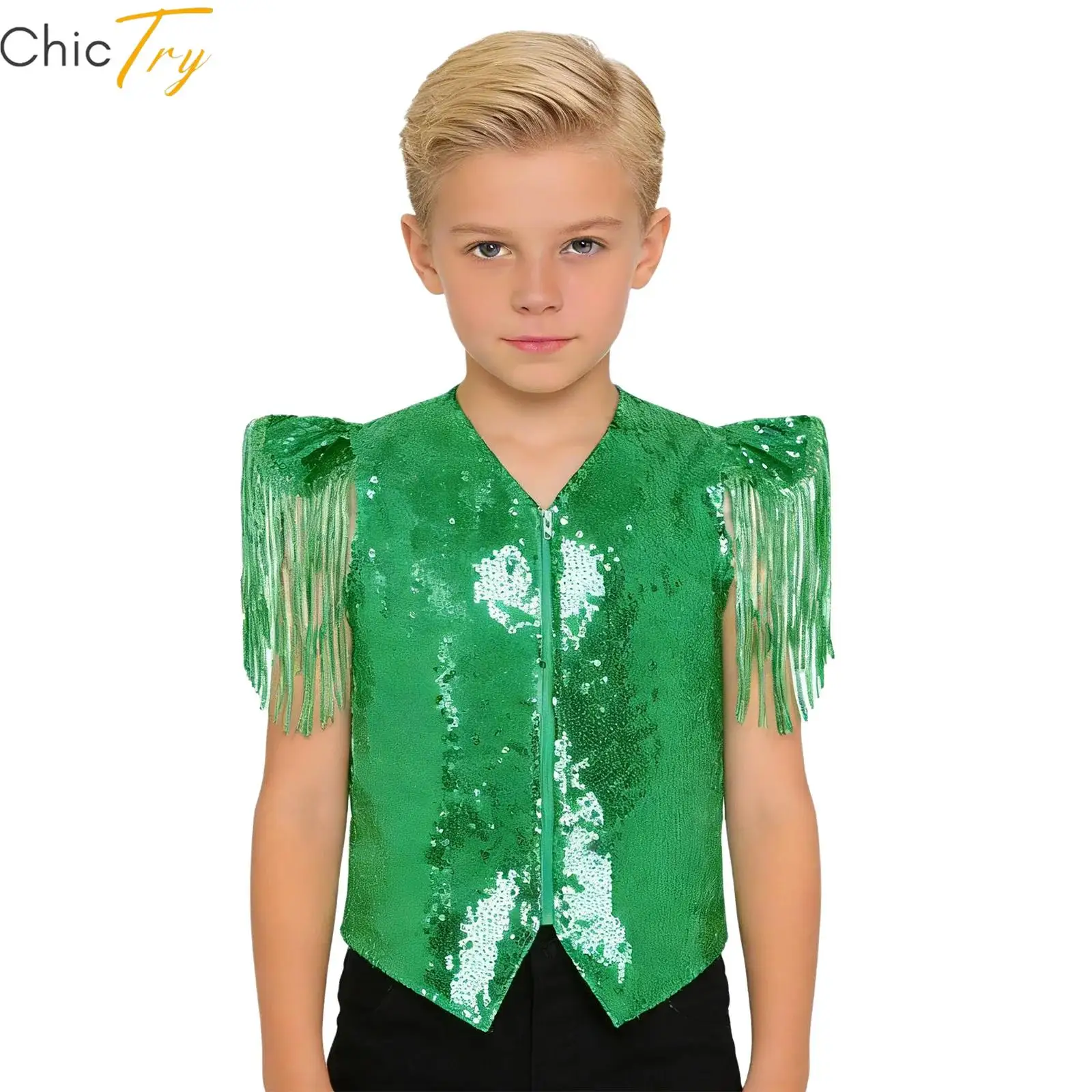 

Детский жилет для мальчиков и девочек с пайетками, металлическим блеском, в стиле диско, с блестящими бахромами, без рукавов, на молнии, для выступлений в хоре и на сцене, топ