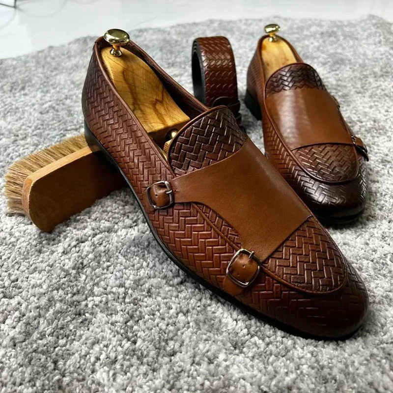 Men Loafers Shoes Brown Black Pu Breathable Double Buckle Monk Shoes Mocassins Cuir Pour Hommes Men Shoes