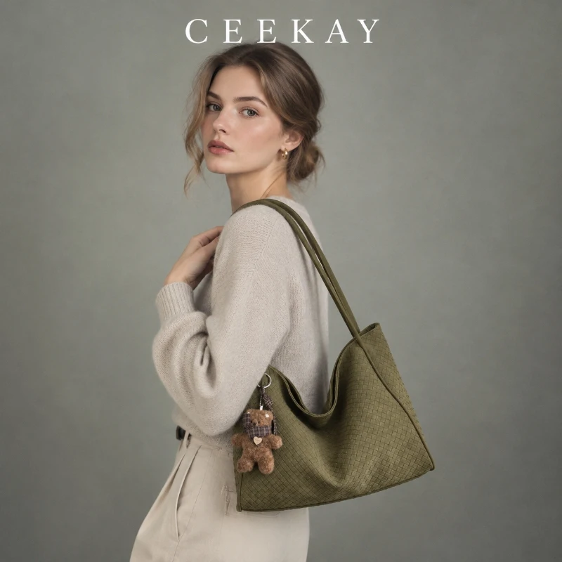 CEEKAY Olive Woven Leather Shoulder Shopper Bag Twin Strap Teddy Charm V Shape Minimalist Daily Commute Roomy Elegant Women