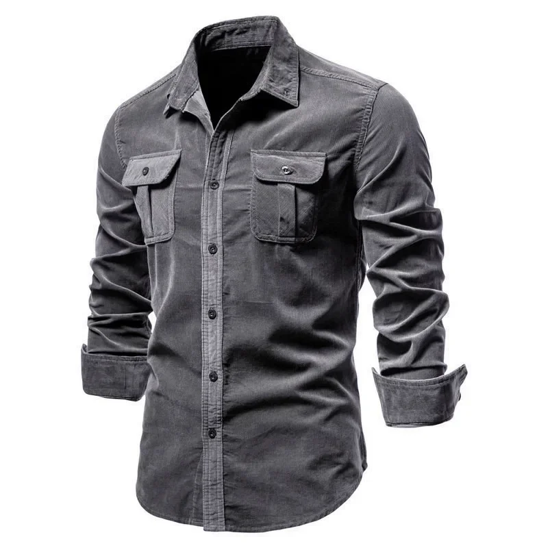 Camisa retrô de veludo de manga comprida masculina, moda, monocromática, lapela de botão, bolso múltiplo, casual para trabalho, outono