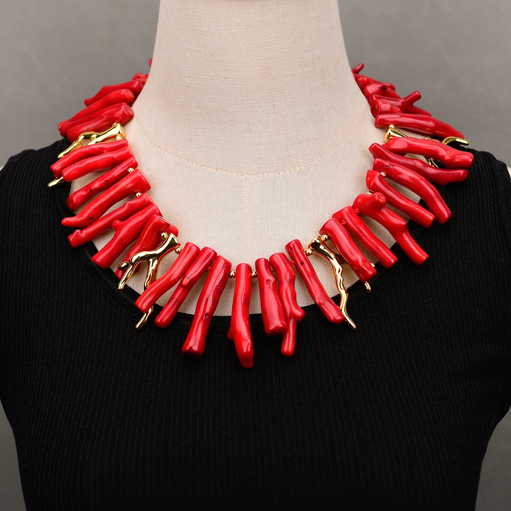 GG 20\'\' Natural Red Coral Top Drilled Branch Golden Resin Branch Chokers Necklace Pendant Handmade Women Gifts