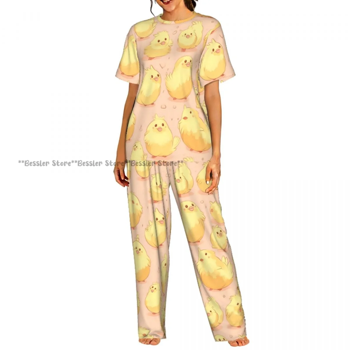 

Women's Cute Yellow Chicken short sleeve trousers casual pajamas set