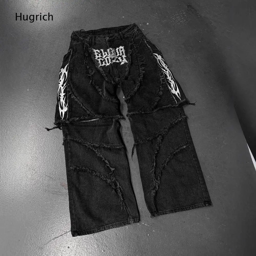 Distressed Raw Edge Patchwork Wide Leg Jeans White Letter and Tribal Embroidery Multi Seam Zipper Detail Denim Trousers