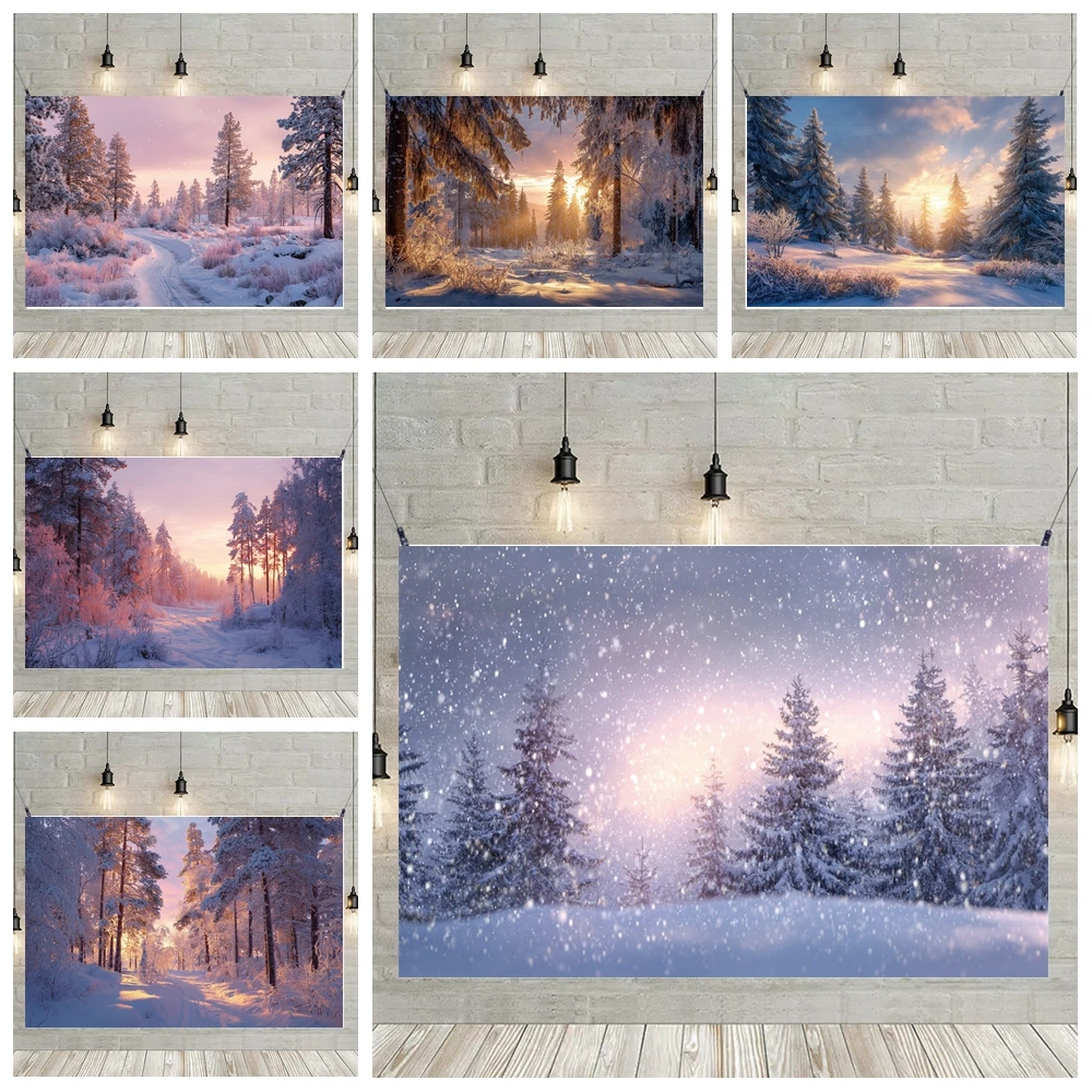 

MOON.QG Photo Background Sunrise Snowy Pine Forests Path Christmas Backdrop Decoration Photography Accessories Poster Shooting