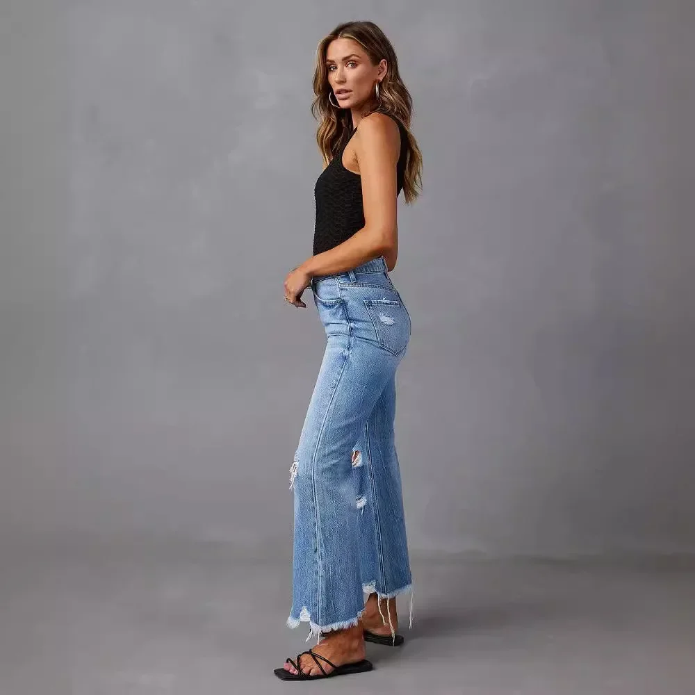 Solto casual barril reto rasgado borda crua jeans, primavera e verão nova moda feminina azul lavado personalidade jeans rasgados