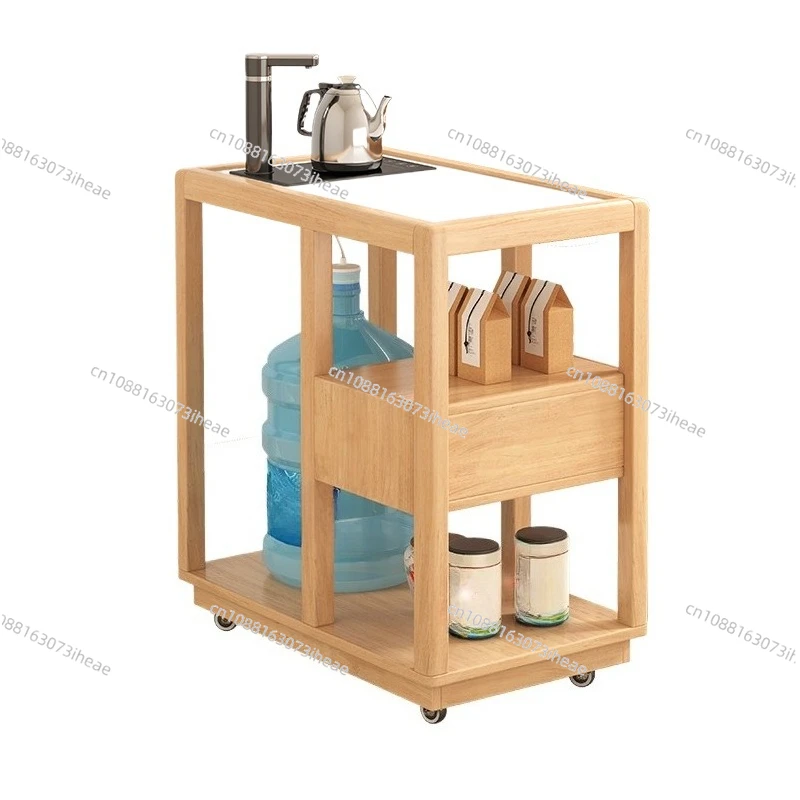 Nordic simple movable rock slab solid wood tea cabinet with kettle integrated living room sofa side tea table side cabinet