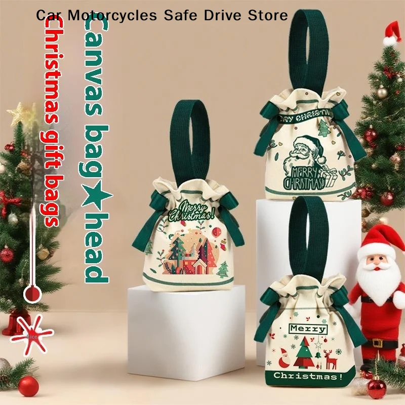 【M】Canvas Christmas Gift Bag Drawstring Candy Box Reusable Diy Xmas  Bags Home New Year Party Decoration Children Handbag