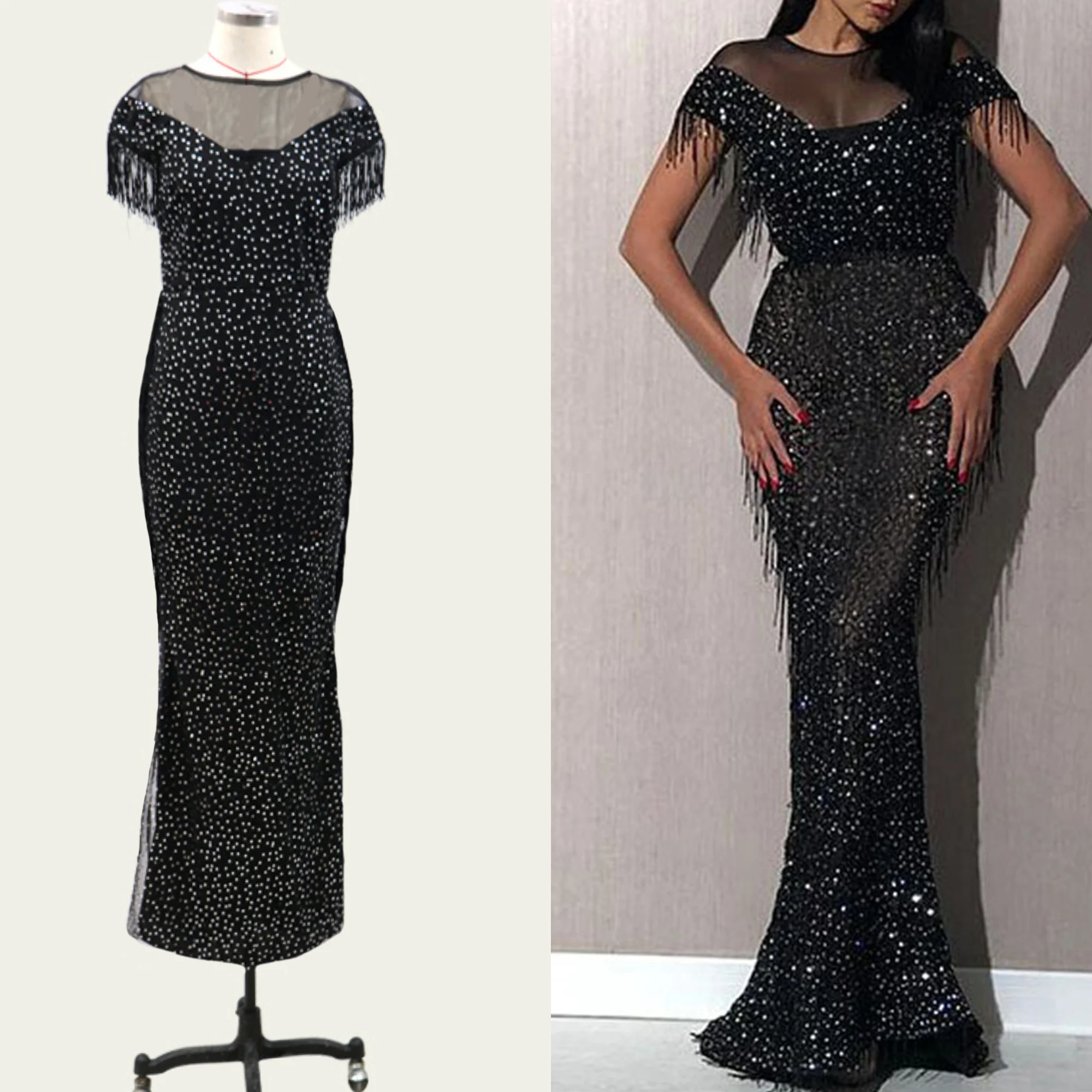 

Women's cocktail party dress with mesh shimmering sequins, beaded tassel, short sleeved round neck, tight fitting and sexy birth