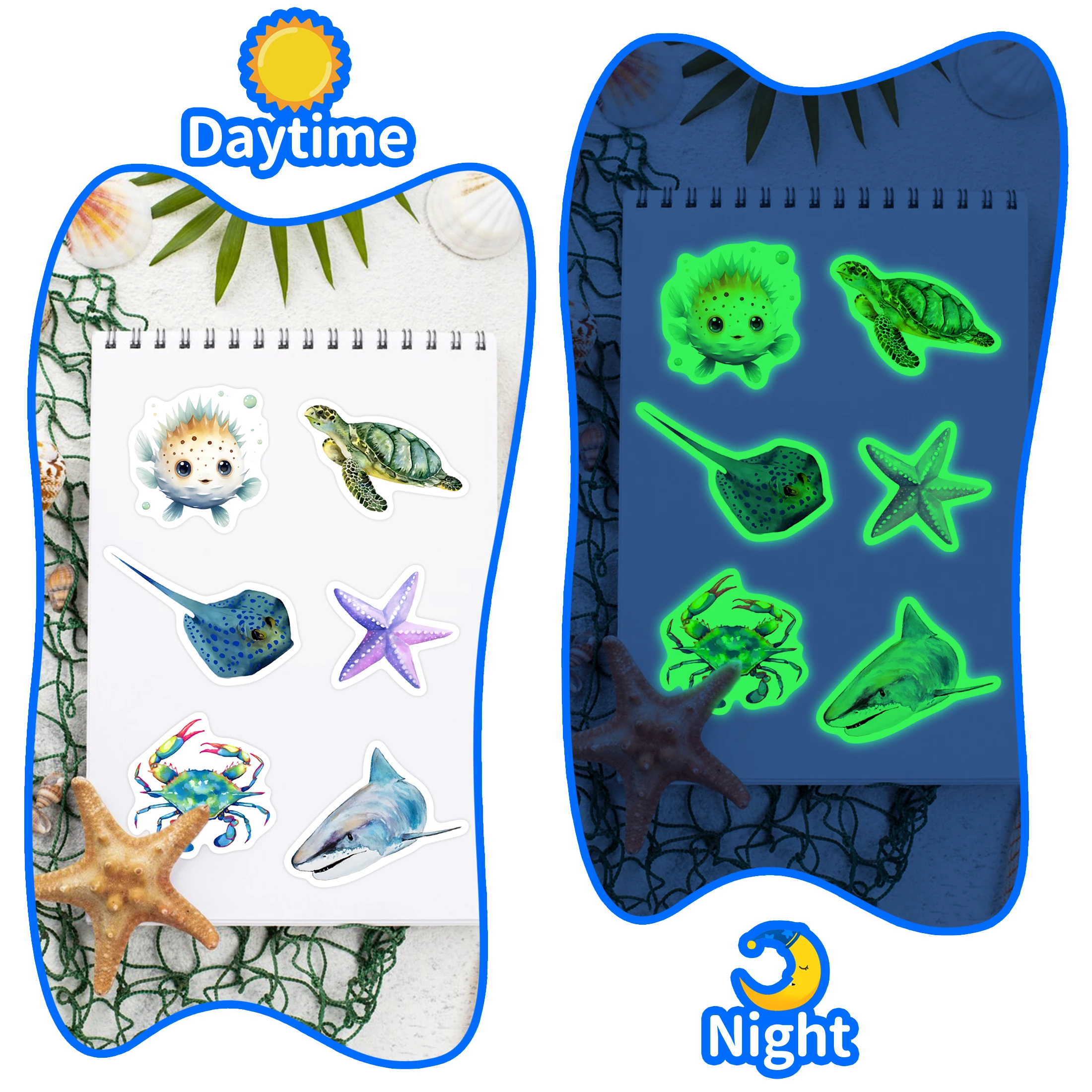 51 Pcs Sea Animals Water Bottle Stickers for Kids,Glow in The Dark Cute Ocean Creatures Laptop Decals, Vinyl Waterproof Adults
