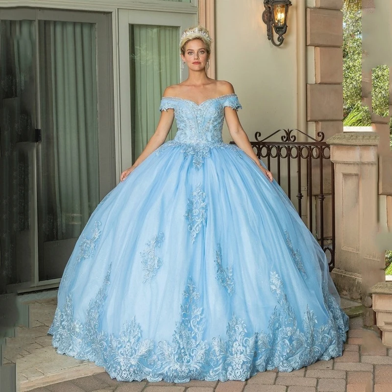 

Sky Blue Off-Shulder Ball Gown Quinceanera Dresses Vestidos De 15 Anos Fashion Applique Beading Sweet 16 Princess Party Gown