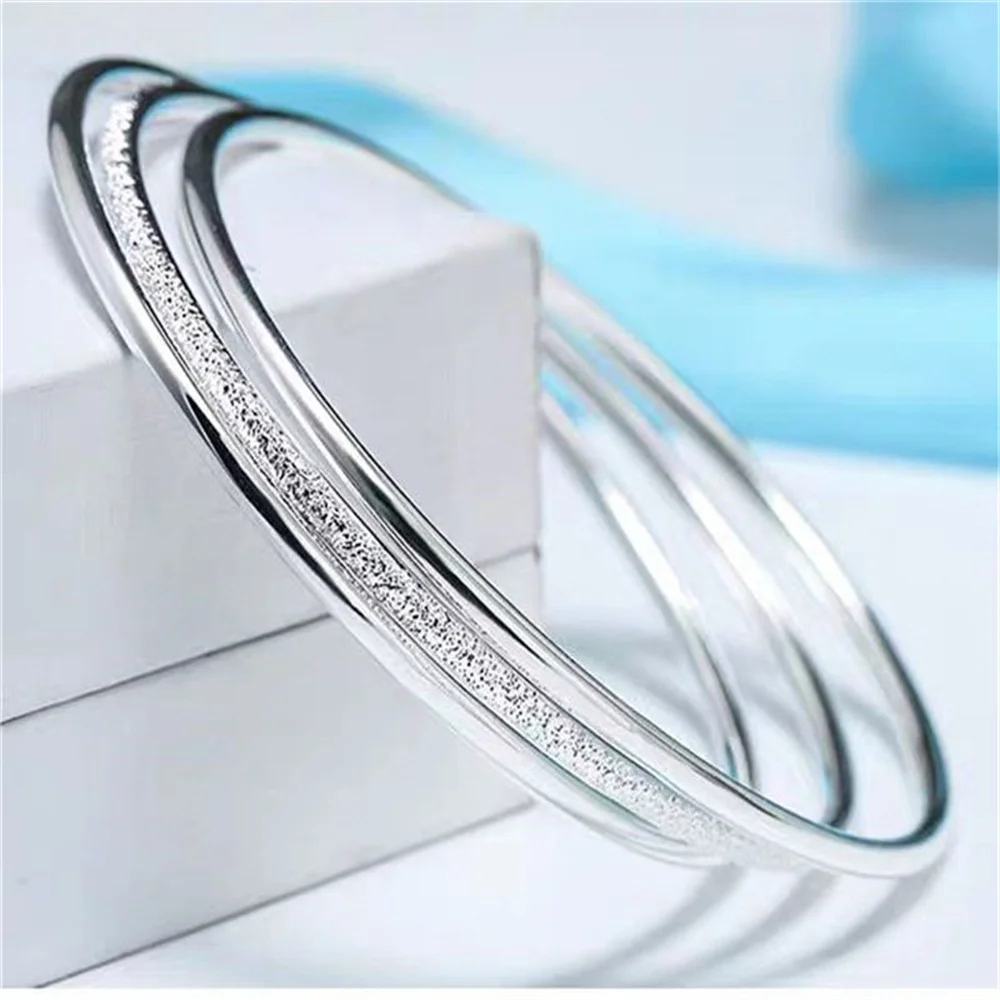 999 Sterling Silver 3‑Pieces Closed Bangle Set Free Custom Engraving Glitter Sand Texture Women Stackable Bracelet Jewelry Gift