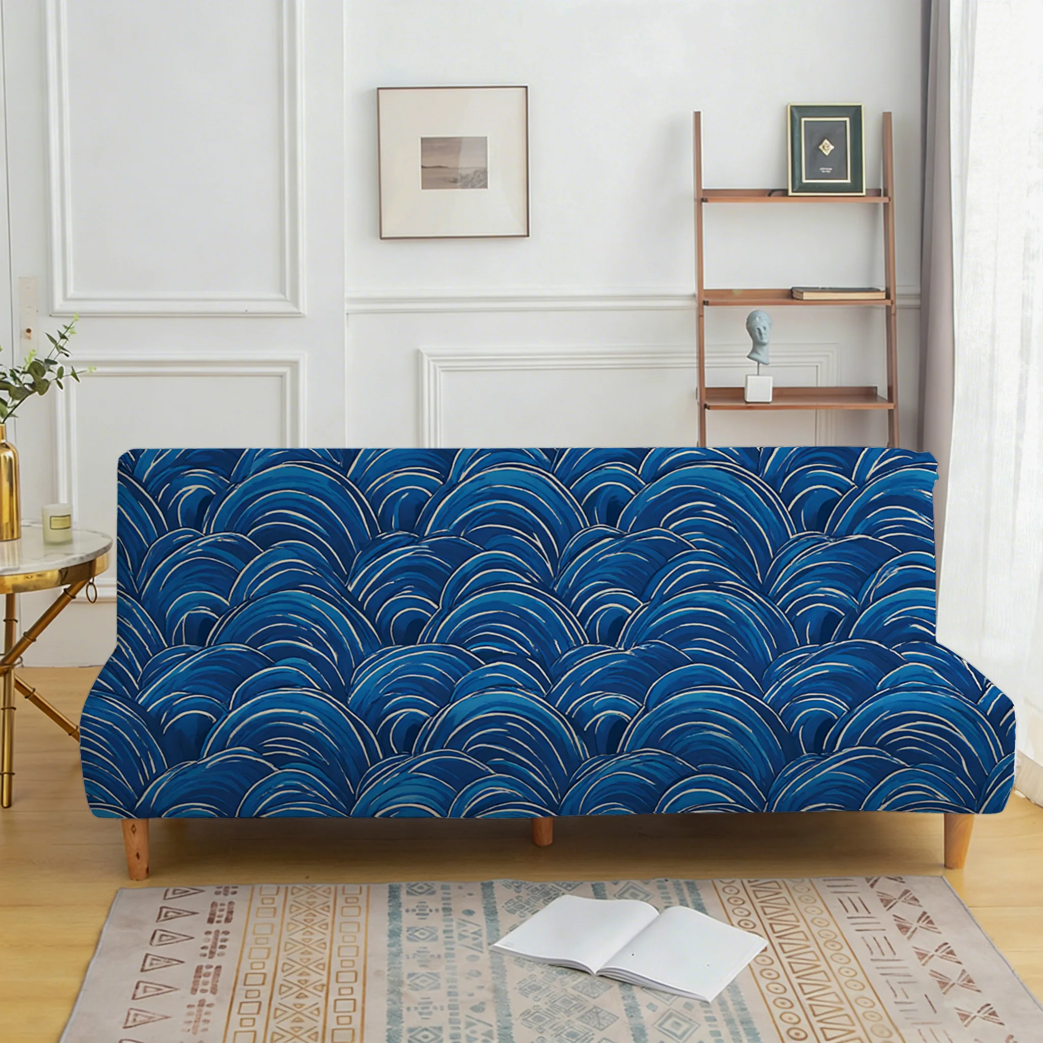 Retro blue wave sofa bedspread, elastic sleeveless sofa cover, dust-proof and non-slip furniture protective cover