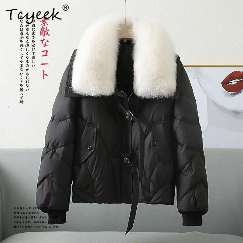 Tcyeek 가을 겨울 분리형 여우 모피 칼라 스퀘어 칼라 짧은 여성용 화이트 구스 다운 코트 Casacas Para Mujer Invierno
